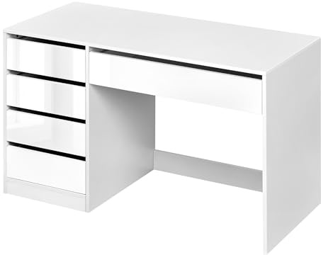eSituro Schminktisch Ohne Spiegel, Schreibtisch, 5 Schubladen, 120x55, Weiß | Hochglänzendes, Aus MDF, Schubladen Ohne Griffe, Mit Stauraum, für Schlafzimmer und Jugendzimmer