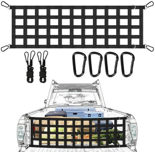 Red de carga de 152 x 45.7 cm para caja de camión con 4 ganchos resistentes y 2 cuerdas ajustables, Malla de Carga para Pickup de Alta Elasticidad，Red de Amarre Elástica para SUV, Chevrolet, Ford