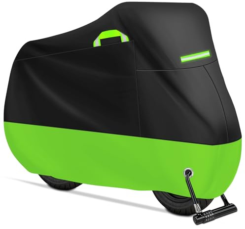 Funda para Moto, Cubierta de Moto Poliéster Impermeable, Protectora a Prueba de Sol Lluvia Polvo Viento Nieve Excremento de Pájaro para Cubre Scooter Motocicleta, 245x105x125cm (Negro+Verde)
