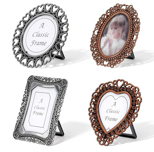 4 PCS Mini Photo Frames, 1 Inch Metal Tiny Frames, Very Small Picture Frame, Antique Old Photo Frame for Tabletop and Wall Display Old Fashioned Photoes (Random Colors, Fixed Shapes)