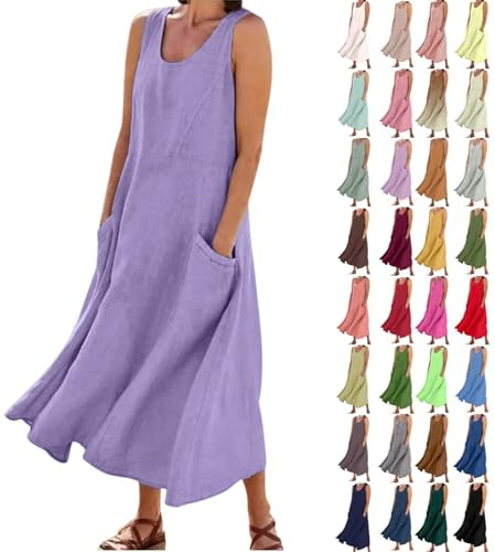 Robe Debardeur Femme Coton Lino Été Fluide Sans Manche Chic et Elegant Robes Col Rond Décontractée Grande Taille Robes avec Poches Couleur Unie Ample Boheme Plage Maxi Dress D'été Léger Robe Chemise