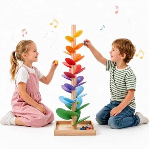 Montessori - Albero sonoro da 71 cm, pista musicale in legno con 10 palline colorate, giocattolo per bambini dai 3 anni in su, giocattolo Montessori a tema