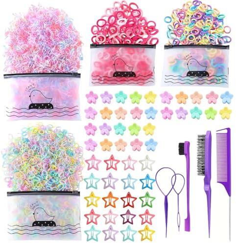 Glamoreal 1256 piezas con accesorios para el cabello para niñas, bandas elásticas para niños pequeños, 30 mini horquillas y 20 horquillas de estrellas