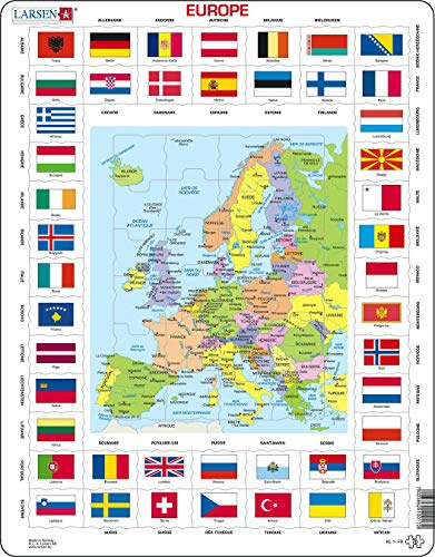 Larsen Puzzles KL1 Flaggen und politische Landkarte Europas, Französisch Edition, 70 Teile Rahmenpuzzle Lernspiel Geografie Kinder Puzzle ab 8 Jahren