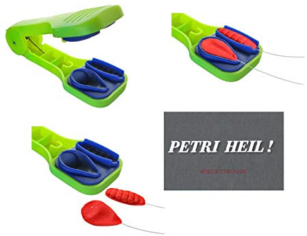 Set: 2 in 1 Forellenteig Former in realistischer Bienenmadenform und Tropfenform, Baitformer, gelb, grün oder rot + gratis Petri Heil! Aufkleber