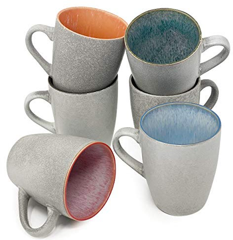 BTaT- Porcelain Coffee Mugs Set, 12 oz (350ml), 6 Pack, Ceramic Coffee Mugs, Matte White Outside and Colorful Inside, Restaurant Cups for Tea, Cappuccino, Cocoa, Cereal, Mug Gift Set, Dishwasher Safe