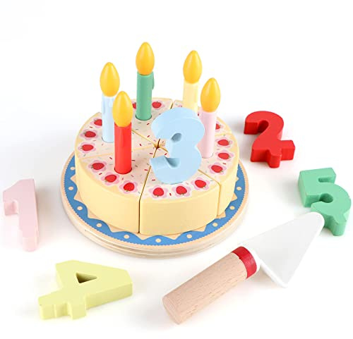 Steventoys Wooden Cutting Cake Play Set, Fake Cake with Candles and Numbers, Pretend Play Food Set, Montessori Tea Party Toys Learning Kitchen Toys for Boys Girls 1-6 Years
