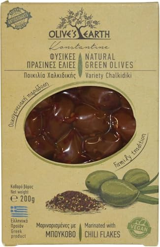 Olive's Earth Olive Verdi Greche Marinate al Peperoncino | Varietà Chalkidiki 100% Naturali – 4 x 200g – Senza Conservanti, Vegane, Gourmet Mediterraneo