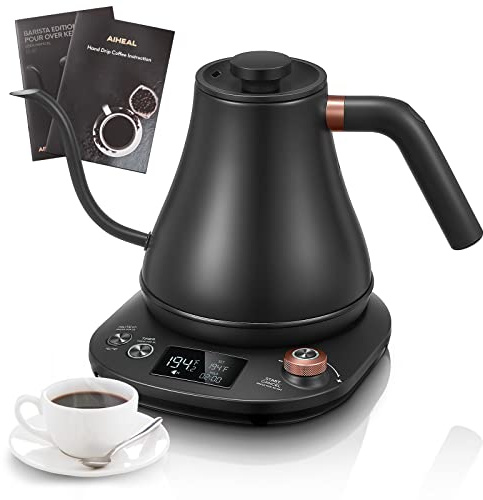 Electric Gooseneck Kettle Temperature Control, Pour Over Electric Kettle for Coffee and Tea, 100% Stainless Steel Inner, 1200W Rapid Heating, 0.8L, Built-in Stopwatch, Matte Black