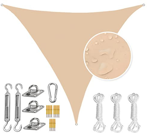 TBATM Voile D'ombrage Imperméable,Voile Dombrage Triangle 4,5 X 4,5 X 4,5 M avec Kit De Fixation en Acier Inoxydable, Auvent De Protection Solaire Anti UV pour Terrasse, Jardin, Pelouse,Beige