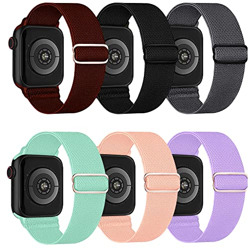 Lugege Loop Elastisches Armband Kompatibel mit Apple Watch 42mm 44mm 45mm, Nylon Stoff Band für Apple Watch Series 7/SE/6/5/4/3/2/1, 6 Stück, Schwarz/Rosa/Lila/Rot/Weiß/Blaues Meer