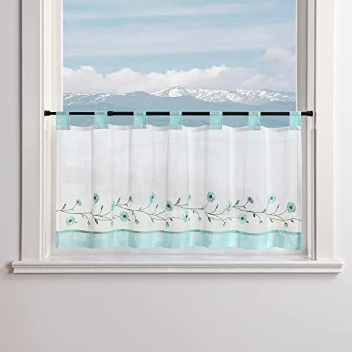 Delien Voile Scheibengardine Transparente Bistrogardinen Landhaus Kurz Vorhang Modern »Daisy« Kurzstores mit Blumenstickerei Küchengardinen mit Schlaufen BxH 120x60cm,Blau #1