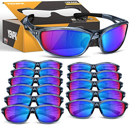 YENPK Paquete de 12 lentes de seguridad para hombres y mujeres, anteojos de sol de seguridad ANSI Z87.1+ estándar UV400, protección ocular envolvente, resistentes a los impactos (lente multicolor,