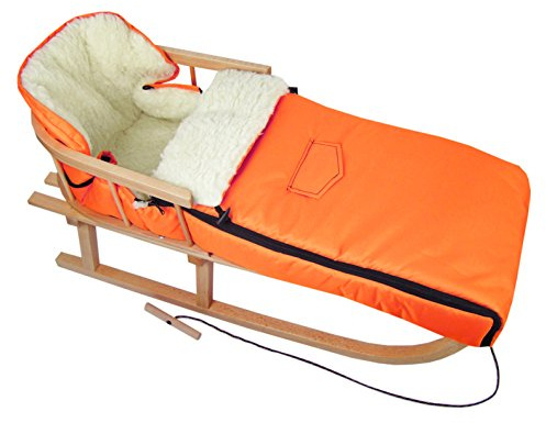 Kombi-erbjudande träsläde med ryggstöd och dragrep + universell vinteråkpåse (108 cm), även lämplig för babystol, barnvagn, buggy, lammull, uni (orange + släde)