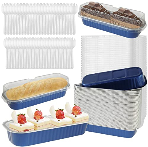 50Set Mini Baking Cups with Lids and Spoons, 200ml Non-Stick Aluminum Foil Cake Pans Tins Reusable Foil Loaf Pans Rectangular Bread Container Portable Muffin Liners for Home Kitchen Party(Blue)