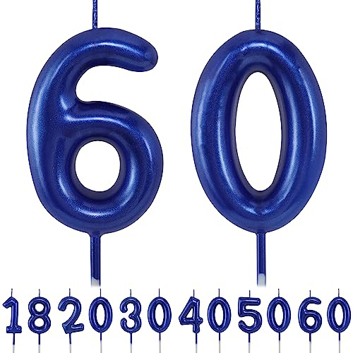 Candele Compleanno 60 Anno,3D Numero Candele, Blu Numero 60 Candele di Compleanno Candele Torta Decorazione, Adatto A Feste di Compleanno Festa Baby