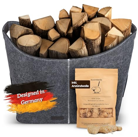 Noisy Sheeps® Holzkorb für Kaminholz groß XXL 60L | Extra starker 6mm Filz | inkl. Anzündwolle für Kamin und Grill | verstärkte Griffe und Boden | zusammenfaltbar | Feuerholzkorb | Kaminholzkorb
