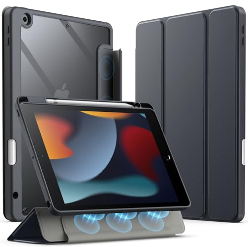 JETech Abnehmbare Hülle für iPad 9./8./7. Gen 10,2, Space Grau | Für iPad 10,2 (2021/2020/2019), Magnetisch Abnehmbarer Deckel, Stifthalter, Dreifach-Ständer, Transparente Rückseite