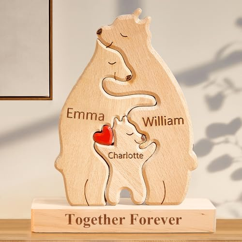 Rompecabezas de Oso de Madera Personalizado con 2-8 Nombres de Familia, We Are One, Escultura de Nombre Familiar Personalizada, Regalo Ideal para Navidad, cumpleaños, Regalo de inauguración
