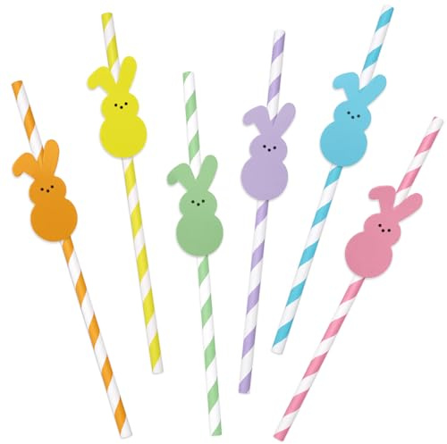 JarThenaAMCS 60Pcs Easter Paper Straws Cute Easter Bunny Drinking Straws Colorful Striped Disposable Straws for Holiday Birthday Party Supplies, 6 Designs