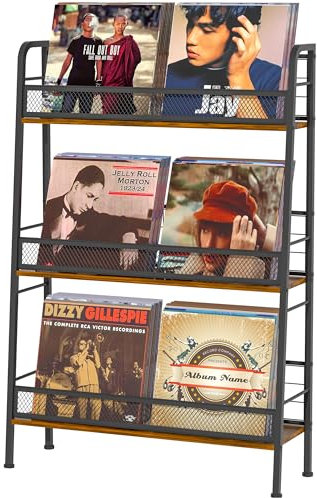 Jakyitvi Schallplattenaufbewahrung, Vintage Industrie Schallplattenhalter für bis zu 150 Alben, 3 Ebenen Metall und Holz Schallplattenregal für LP Schallplatten, CDs, Bücher, Magazine