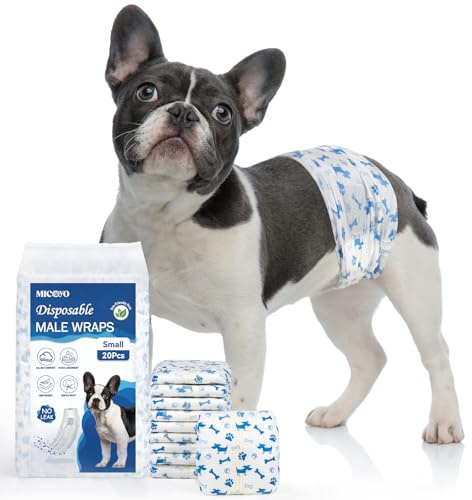 MICOOYO Dog Diapers Male Disposable Super Absorbent Male Dog Wraps Lighter Dogs Diaper Leakproof Puppy Diapers Doggie Diaper with Wetness Indicator (S, 20Counts)