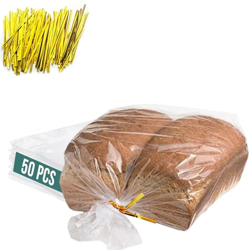 Reusable Plastic Bread Bags for Homemade 10x22- Clear Bag with Ties For An Airtight Moisture-free Preservation and Storage- Loaf Home Bakers Bakery Owners (50)