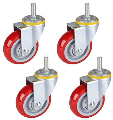 Lenkbare Möbelrollen für hohe Beanspruchung, Industrierolle aus rotem Polyurethanschaum, Gewindeschaft M12 x 30 mm, 4er-Pack, Kugellager, Doppelverriegelung, geräuschlos, 594 lbs Tragfähigkeit,