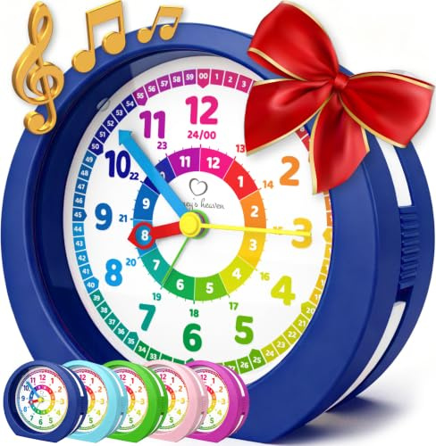 Honey's Heaven Kinderwecker ohne Ticken - für Jungen und Mädchen - Lernwecker Lernuhr Weckuhr Kinderuhr Quarzwecker Snooze Analog Quartz Wecker (Dunkelblau)