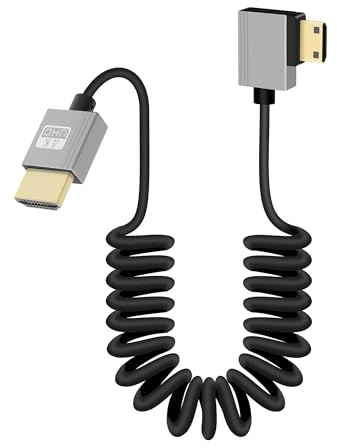 RIIEYOCA 4K 90 Grados Mini HDTV a HDTV Cable en Espiral Corto, ángulo Derecho 18Gbps de Alta Velocidad Mini HDTV2.0 Soporte 4K @ 60Hz, Compatible con Videocámaras, Monitores (Derecha)
