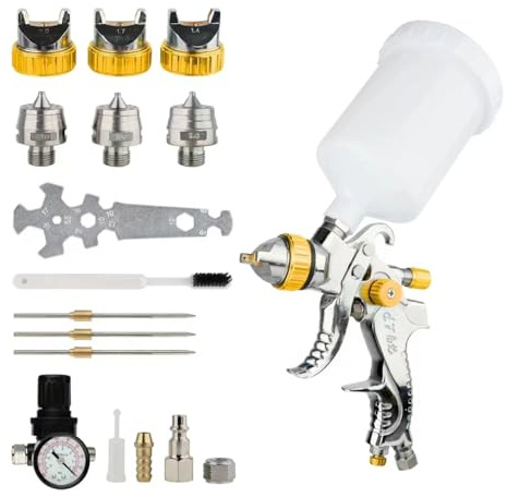 FORNAX HVLP Spray Gun with Replaceable 1.4mm 1.7mm 2.0mm Nozzles Needle Cap Automotive Air Paint Sprayer Gun Kit, Air Paint Sprayer with 600cc Cup for Car Primer,Wall Painting,Base Coatings.