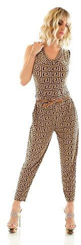 TA Fashion Damen Overall Hosenanzug Hose Jumpsuit Wasserfall Ausschnitt Flecht-Gürtel 34-38 (Schwarz-Braun)