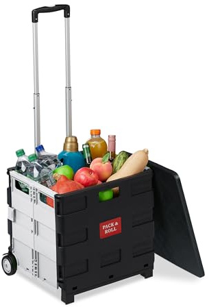 Relaxdays Shoppingvagn, vikbar, shoppingkorg med hjul, lock och teleskophandtag, upp till 35 kg, rullgardinslåda, svart/vit
