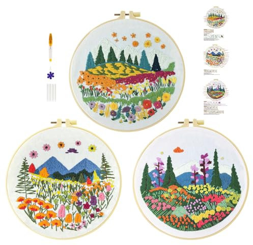 cukol cukol 3pcs Stickset Sticken Set für Erwachsene Anfänger, Embroidery Kit, Blumen Gras Stickvorlagen Kreuzstich Vorgedruckt Stickbilder Stickbild Stickpackung Stickvorlage Stickpackungen Stickerei