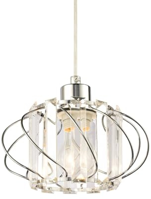 Modern Pendant Lamp Shade with Clear Acrylic Rectangular Prims and Shiny Chrome Twisted Round Frame | 19cm x 19cm | for Bedroom Dining Room Lounge etc by Happy Homewares
