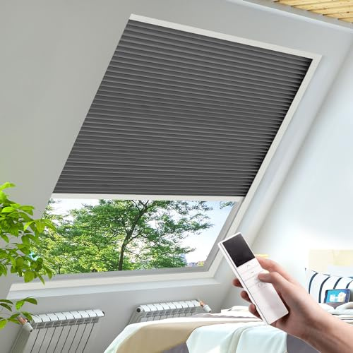 YESCENT Motorized Honeycomb Shades Cordless Over-size Customized Cellular Blinds Window Shades for Skylight Roof Inclined Plane Room Windows-grey(93021F)