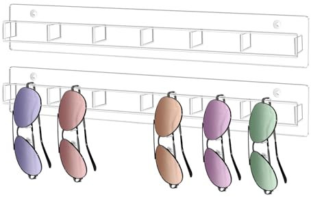 Daelesr 2 Stück Brillenhalter Wand, 6 Slots Sonnenbrillen Aufbewahrung Organizer, Sonnenbrillenhalter Brillen Display Acryl Durchsichtig, Brillen Stand für Wand, Tür, Schrank, 2 Wege zu Installieren