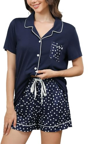 Reliwel Pijama Corto Mujer de Algodon Pijama Mujer Verano con Botones Manga Corta y Pantalones Cortos con Impresión de Lunares Ropa De Dormir Conjunto Lounge S-XXL