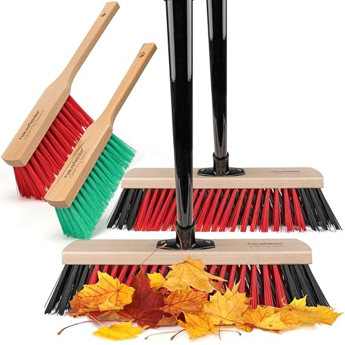 Straßenbesen Set 40 cm mit Handfeger Langer Stiel, Hausfelder Kehrbesen stabil für draußen, Gartenbesen hart mit Metallstiel 150 cm & 2 Handfeger, Terrasse Garage (Rot Schwarz, 4-teilig)