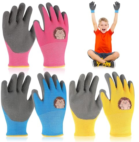 RCYHCY Guantes de Jardinería para Niños, 3 pares Guantes Trabajo para Niños, Guantes de Jardín Recubiertos de Goma para niñas y niños de 2 a 6 años, para Jardinería, pintura