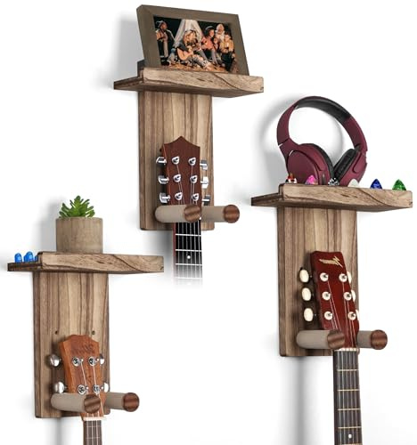 VINCOURNA Gitarrenhalter für die Wand, 3er-Set Wandhalterung Gitarre(Braun) | Gitarren Wandhalterung mit Regal, Wandhalter Gitarre, Gitarrenhalter für Akustikgitarre, Bass, E-Gitarre, Ukulele