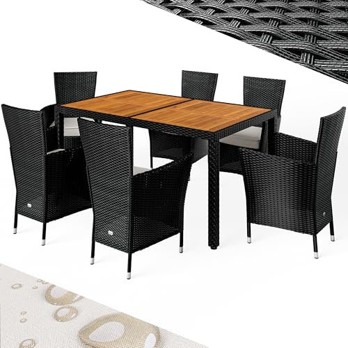 Juego de comedor para patio al aire libre, mesa y sillas de ratán de 6 plazas, mesa cuadrada de 150 x 90 cm, mesa de balcón, terraza, muebles de mimbre negro con marco de madera de acacia