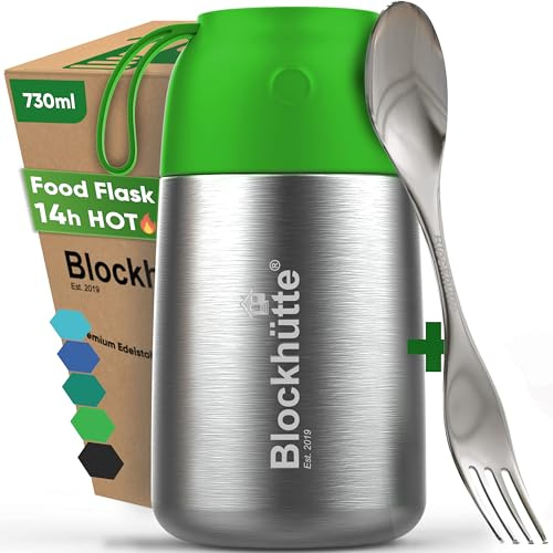 Blockhütte Termo Comida Caliente de acero inox 730ml - Con Cepillo y Cuchara - Termo para Comida Caliente até 14 h - Fiambrera Termica para adultos y niños - Recipientes Termicos - verde claro