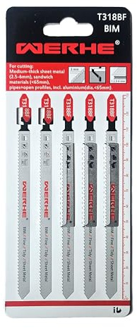 WERHE® Sticksågblad T318BF 5 delar för metallskärning - för exakt skärning av medeltjock och tjock plåt (2,5-6 mm) - metallsågblad för sticksåg med T-skaftshållare - Sticksågtillbehör