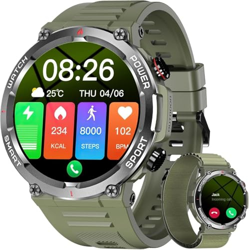IOWODO Smartwatch Militare Uomo, Orologio GPS con Batteria 7 Giorni, Impermeabile IP68, 100+ Modalità Sportive, Torcia, Bussola, Notifiche Chiamate Bluetooth, Compatibile con iPhone e Android