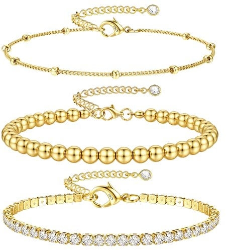 FIOROYAL 3 st damarmband silver 925 set, justerbar stickad charm CZ silver guld för kvinnor flickor smycken gåva kvinnor, Koppar