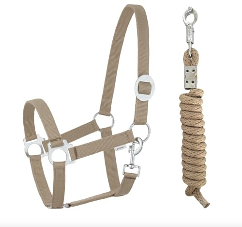 JA Horse JA4002 Essential Halfter Set Panikhaken, Khaki, Shetty | Verstellbares Pferdehalfter mit Führstrick & Panikhaken, Essential Anbindestrick für Pferd & Holzpferd