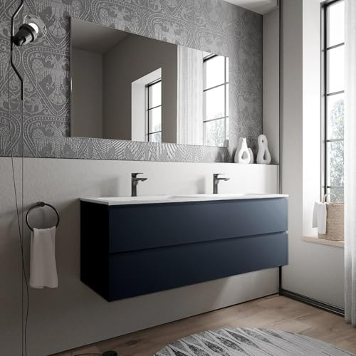 BERNSTEIN - Doppelwaschbecken zum Aufhängen, Badezimmer, MDF, Dunkelblau, matt, 2 Waschbecken aus Mineralguss, matt, mit Löchern für Wasserhähne – 140 x 46 x 50 cm – AVA Cream