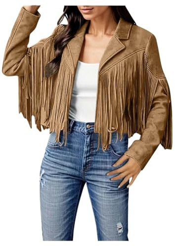 Orange Jeansjacke Damen Kurz Jacke Denim 60er 70er Wildleder Vorne Offen Cardigan Lange Ärmel Umlegekragen Oversize Mit Quaste Jean Herbst Mantel Outwear Schwarz College Party Jacken S M L Xl