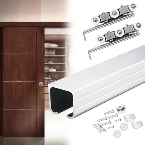 EXCLURA Kit Puerta Corredera Sistema Completo De Rieles Para Puertas Corredizas De Granero Montadas En El Techo, Kit De Herrajes Para Puertas Corredizas, Silver, 8ft/2.40m